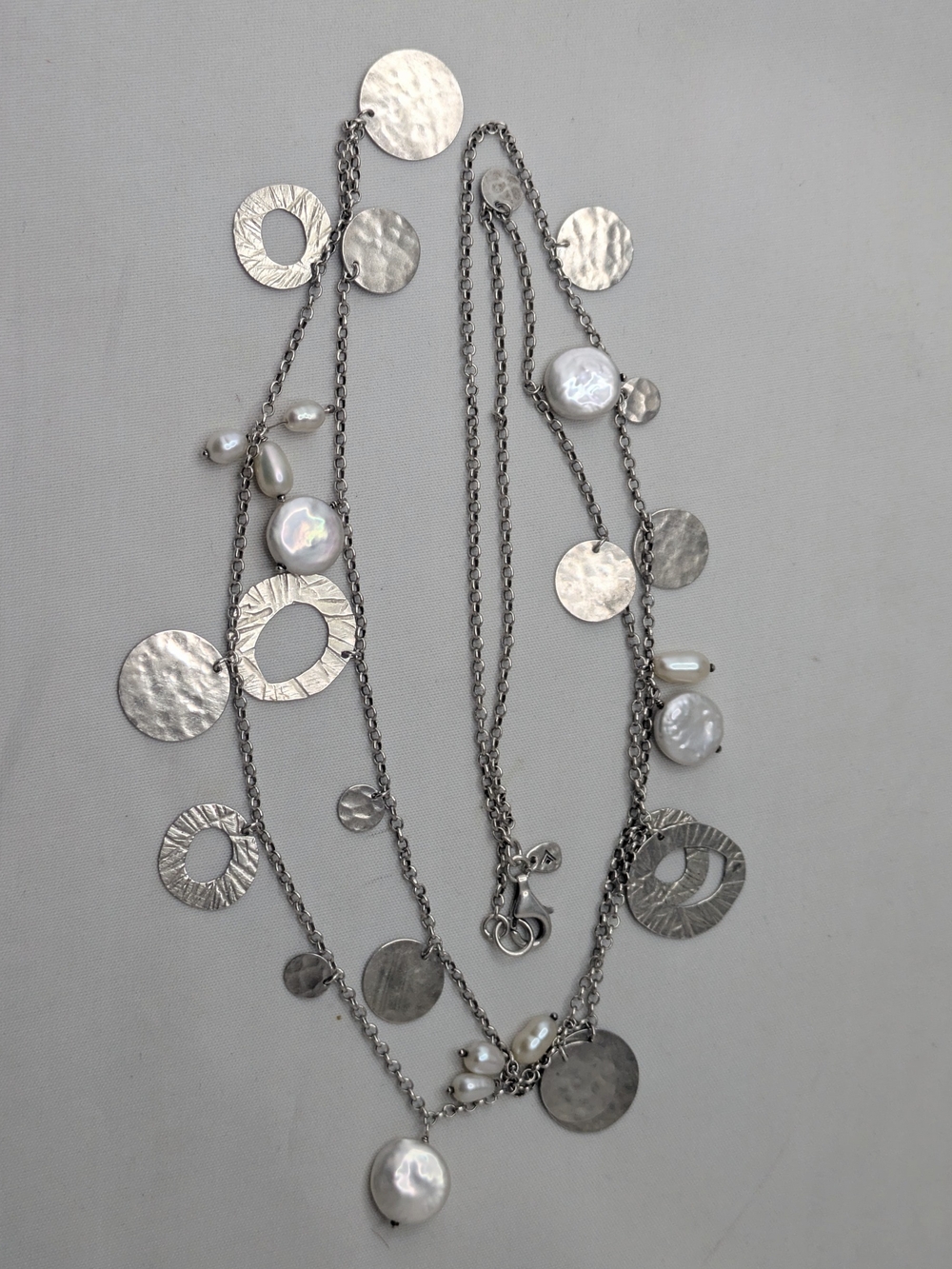 Sterling Silpada Disk & Pearl Strand Necklace 40 Inches Casual Bohemian Look
